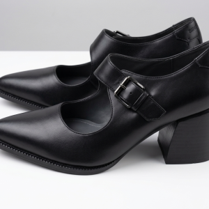 Franco Sarto Black Leather Mary Jane Block Heel Pumps with Buckle Strap